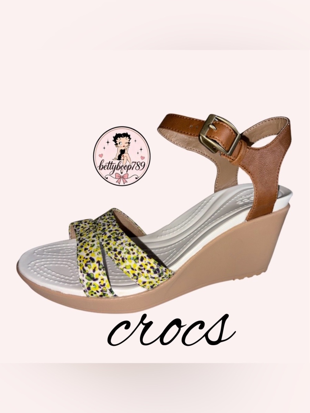 CROCS NWOT Women's Tan Wedge Sandals with Yellow Leopard-Print Straps